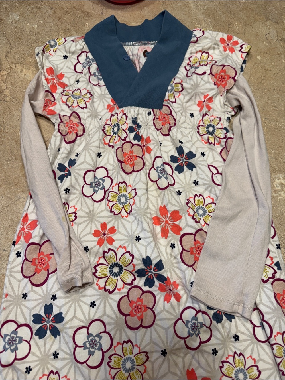 Tea Collection Girls Floral Long Sleeve Dress with Blue V-Neck